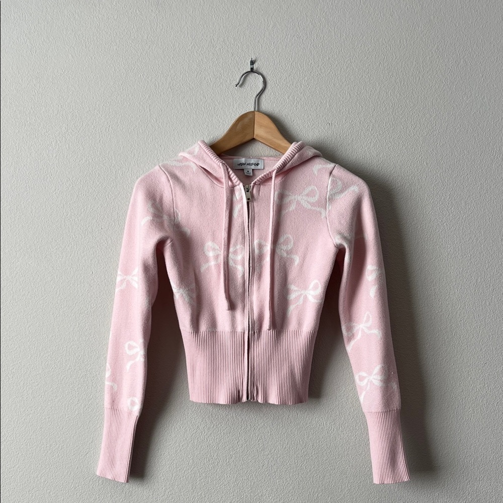 Pink Hooded Zip Up Hoodie Sweater with Bow Pattern M